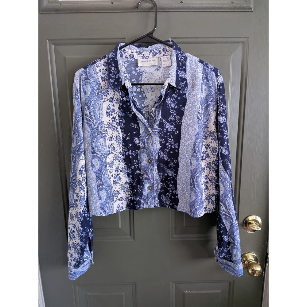 Boho Lemon Grass Blue Patchwork Corduroy Cropped Button‎ Down Shirt Large
